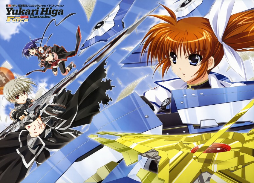 takamachi nanoha, raising heart, isis egret, fortress, thoma avenir, and 3 more (lyrical nanoha and 1 more) drawn by higa_yukari