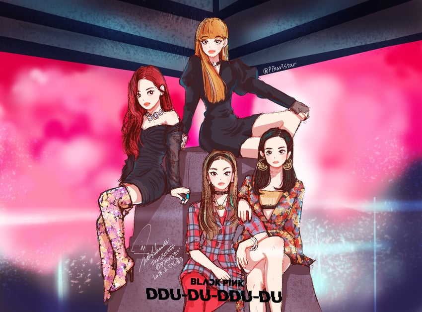 rose, lisa, jennie, and jisoo (real life and 1 more) drawn by pikaristar