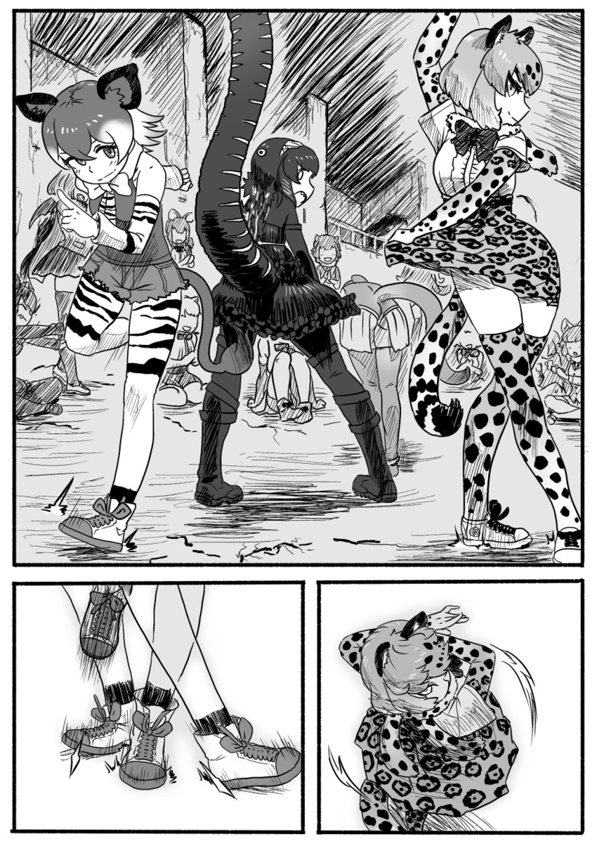 godzilla, jaguar, golden snub-nosed monkey, tasmanian devil, and okapi (kemono friends and 2 more) drawn by kishida_shiki