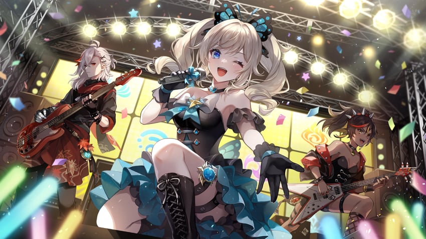 kaedehara kazuha, barbara, and xinyan (genshin impact) drawn by qi2341