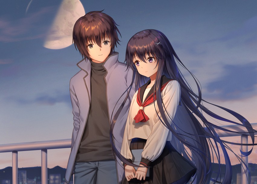 akiba rika and ezaki yuichi (hanbun no tsuki ga noboru sora) drawn by haneru