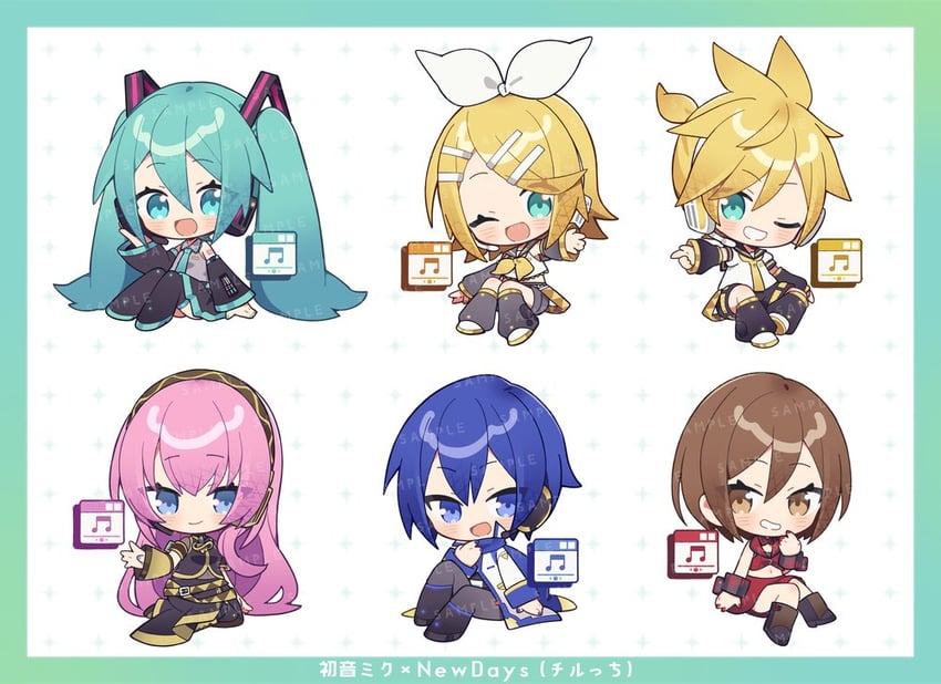 hatsune miku, kagamine rin, kagamine len, megurine luka, kaito, and 1 more (vocaloid) drawn by miwasiba