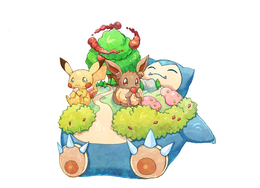 pikachu, eevee, snorlax, and gigantamax snorlax (pokemon) drawn by gaonyan