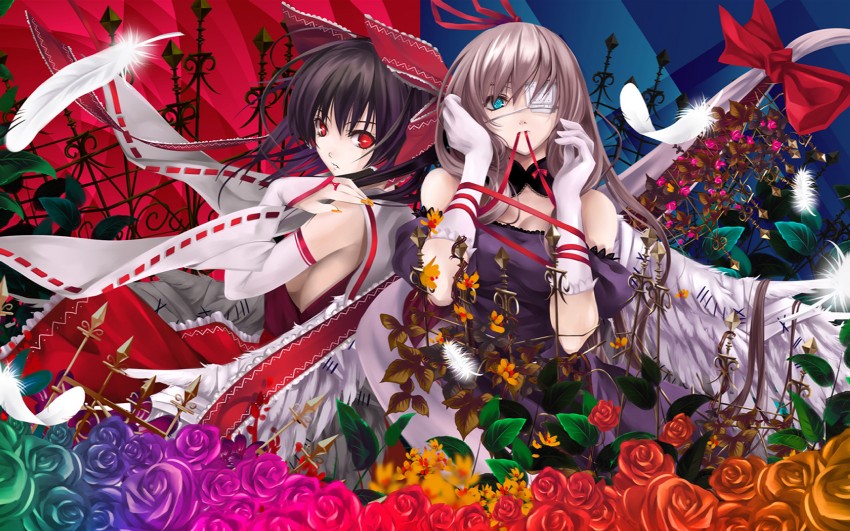 hakurei reimu and yakumo yukari (touhou and 1 more) drawn by cradle_(circle) and misaki_kurehito