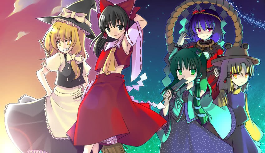 hakurei reimu, kirisame marisa, kochiya sanae, moriya suwako, and yasaka kanako (touhou) drawn by shizuki_mizuha