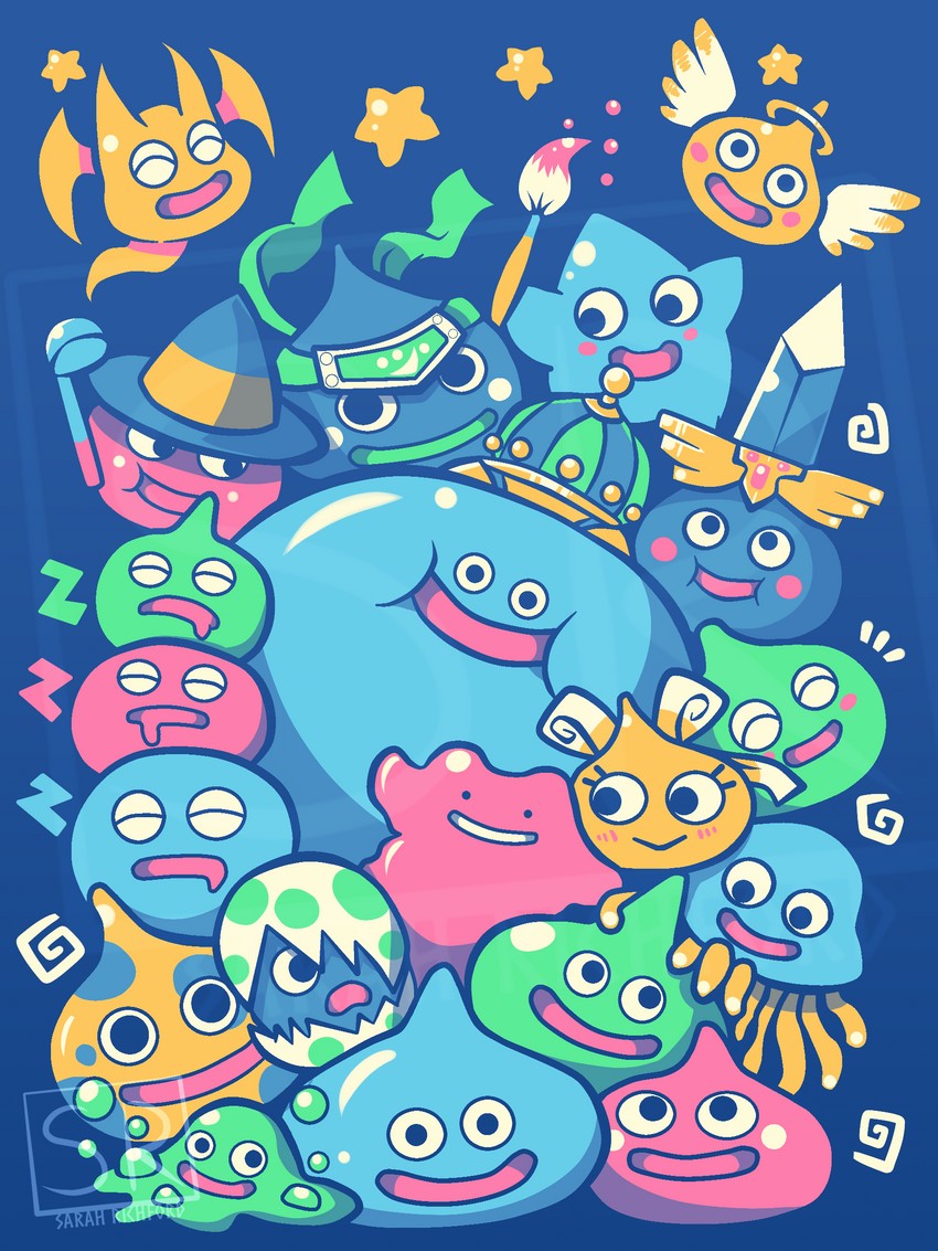 slime, ditto, healslime, king slime, bubble slime, and 4 more (pokemon and 1 more) drawn by sarah_richford