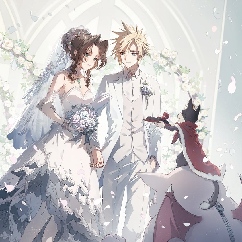 cloud strife, aerith gainsborough, moogle, and cait sith (final fantasy and 1 more) drawn by kieta