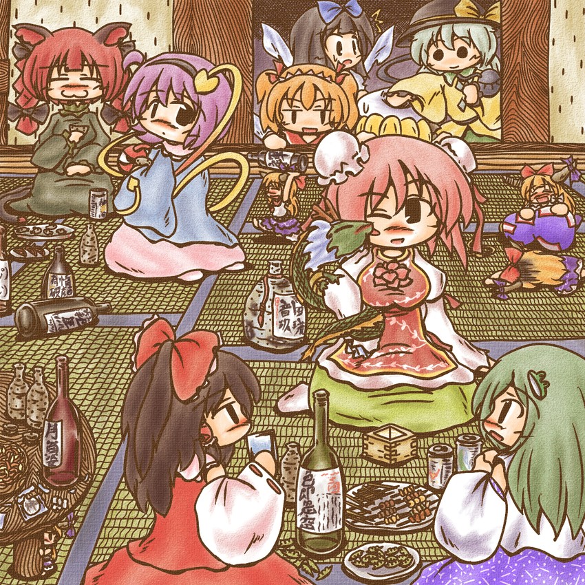 hakurei reimu, komeiji koishi, kochiya sanae, komeiji satori, kaenbyou rin, and 6 more (touhou) drawn by ys_(ytoskyoku-57)