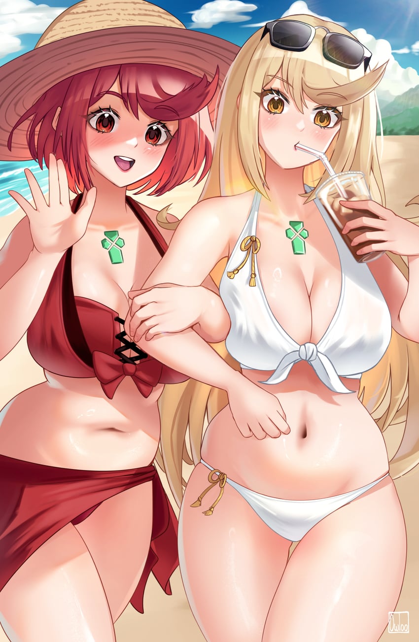 pyra and mythra (xenoblade chronicles and 1 more) drawn by owloo_art