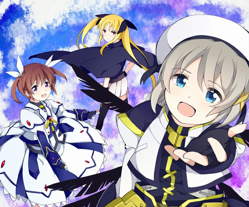 fate testarossa, takamachi nanoha, and yagami hayate (lyrical nanoha and 3 more) drawn by hizuki_miya