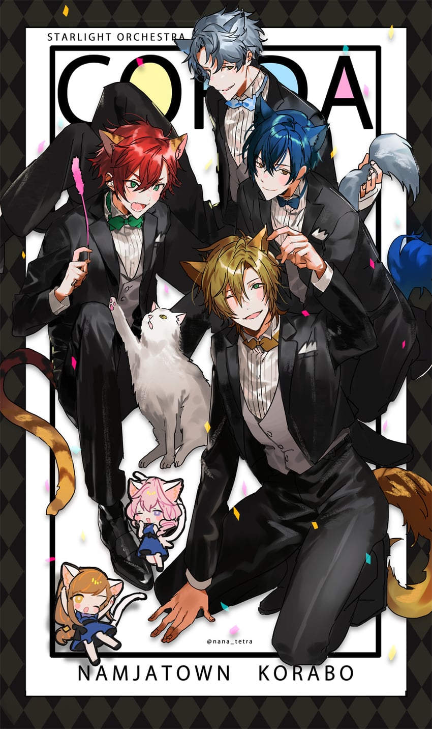 asahina yui, kousaka rei, kujo sakuya, akabane takuto, ryuzaki hayate, and 1 more (la corda d'oro starlight orchestra) drawn by nana_tetra