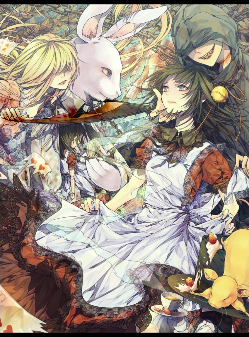 alice, white rabbit, cheshire cat, and mad hatter (alice's adventures in wonderland and 1 more) drawn by nai_kitsu