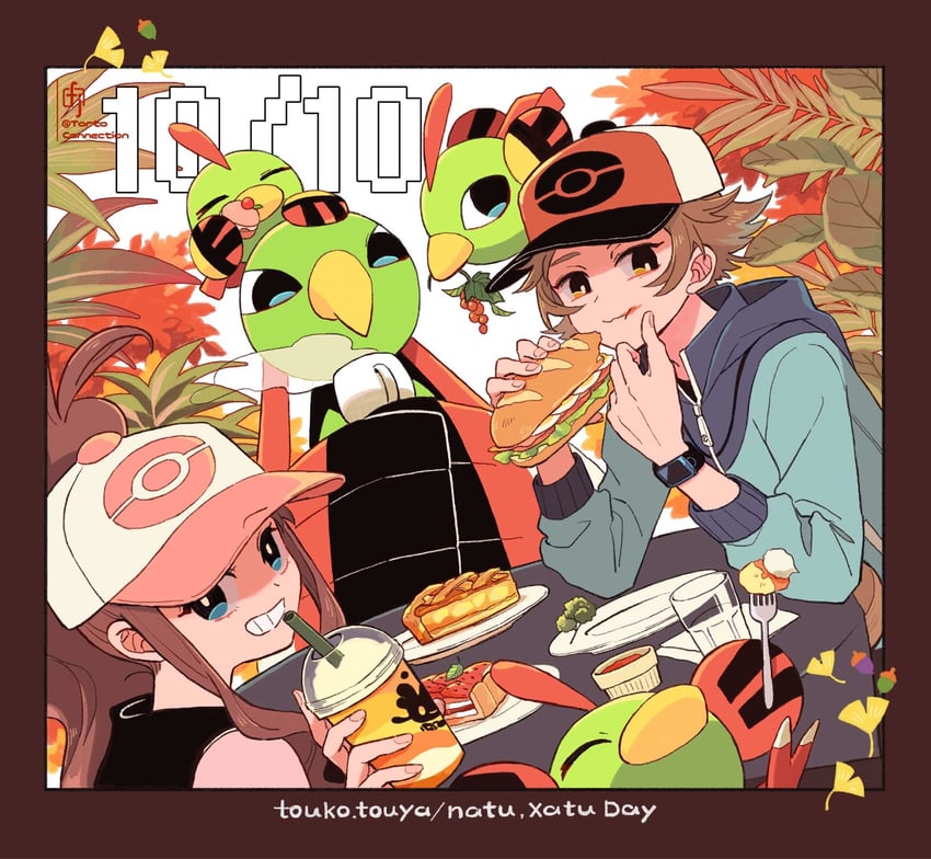 hilda, hilbert, natu, and xatu (pokemon and 1 more) drawn by chikafuji