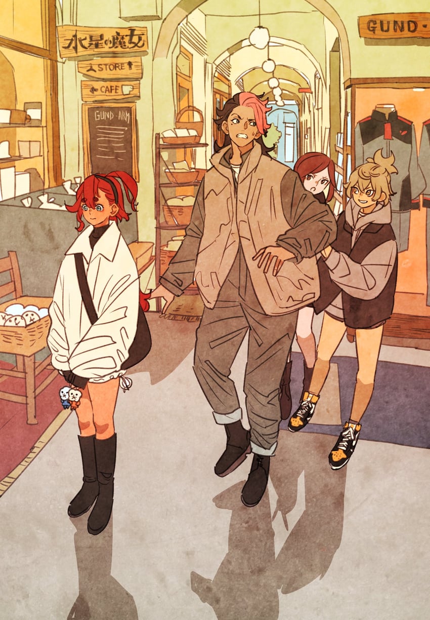 suletta mercury, guel jeturk, felsi rollo, and petra itta (gundam and 1 more) drawn by takeuchi_ryousuke
