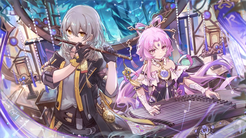 trailblazer, stelle, and fu xuan (honkai and 1 more) drawn by csyday