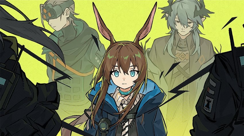 logos, ace, amiya, outcast, and misery (arknights) drawn by favilia