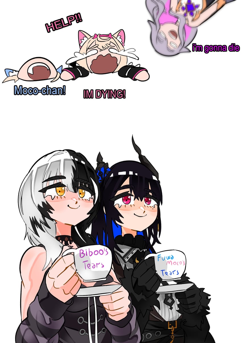 shiori novella, nerissa ravencroft, fuwawa abyssgard, mococo abyssgard, and koseki bijou (hololive and 1 more) drawn by daaku_(koizumi_arata)