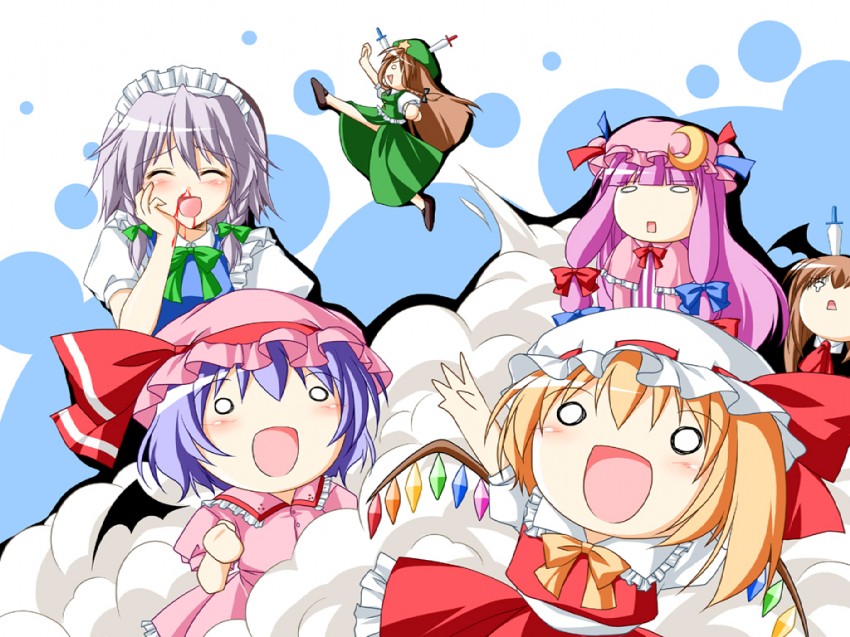 remilia scarlet, flandre scarlet, izayoi sakuya, patchouli knowledge, hong meiling, and 1 more (touhou) drawn by kamiya_tomoe