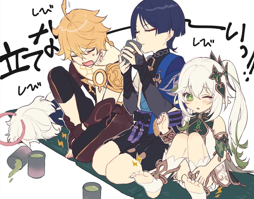 scaramouche, aether, nahida, wanderer, and paimon (genshin impact) drawn by reito6