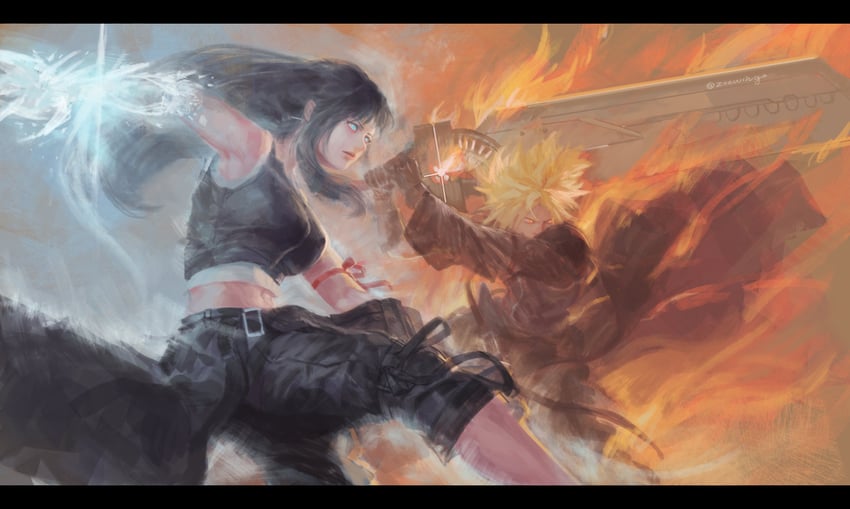 tifa lockhart and cloud strife (final fantasy and 2 more) drawn by zoewingsz
