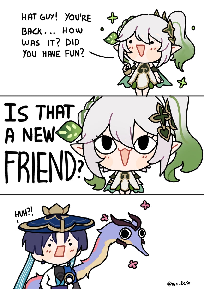 scaramouche, nahida, wanderer, and mini durin (genshin impact) drawn by nya_deko