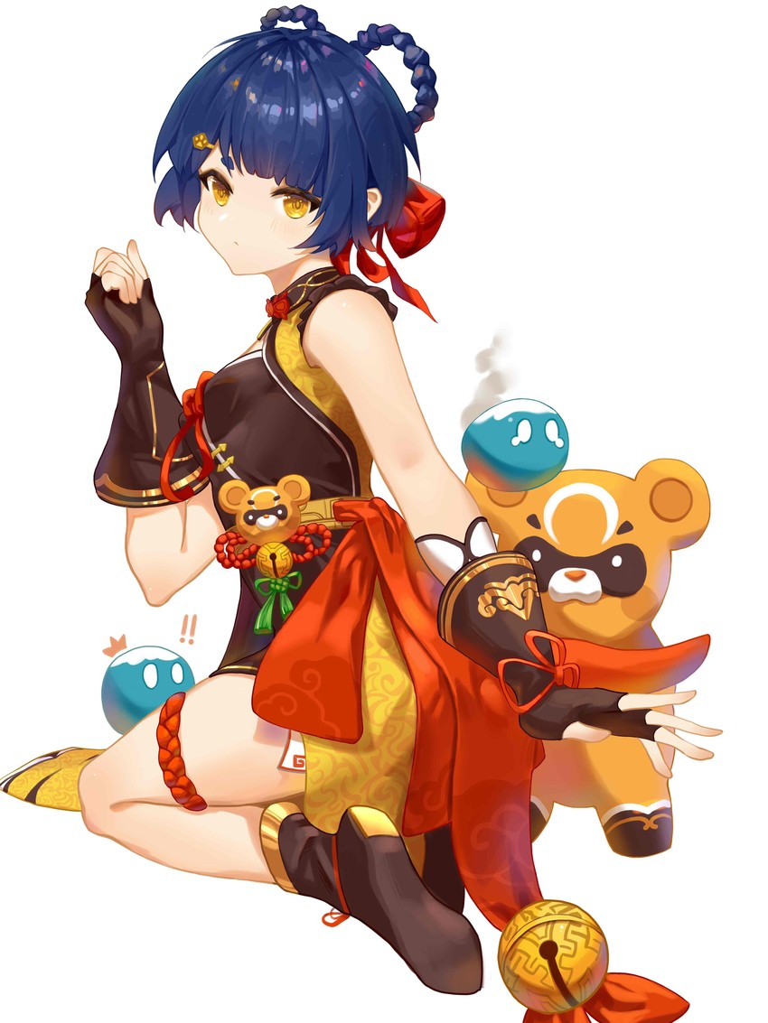 slime, xiangling, guoba, and cryo slime (genshin impact) drawn by river_(river_ga)