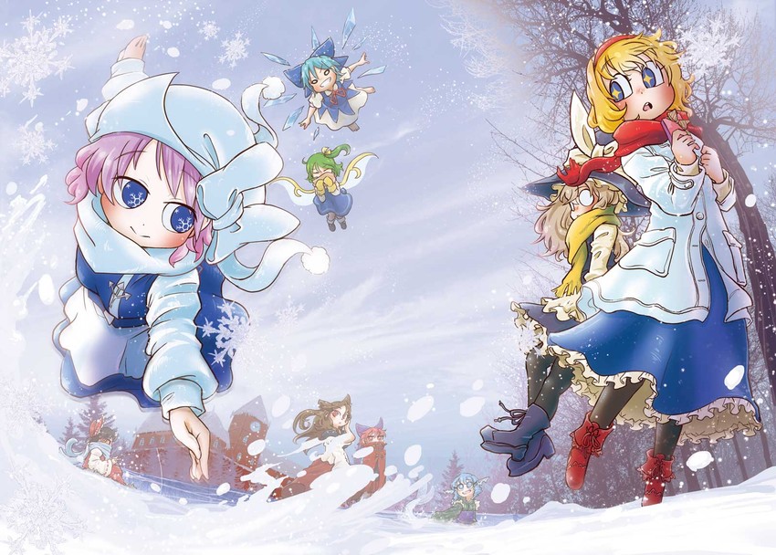hakurei reimu, kirisame marisa, cirno, alice margatroid, daiyousei, and 4 more (touhou) drawn by chamaji