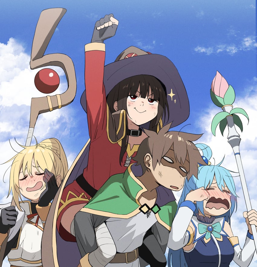 megumin, aqua, darkness, and satou kazuma (kono subarashii sekai ni shukufuku wo!) drawn by izawa_(bhive003)