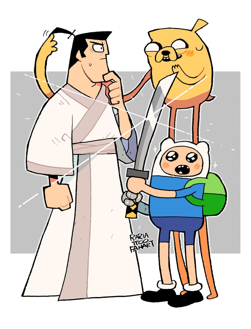 finn the human, jake the dog, and samurai jack (adventure time and 2 more) drawn by rariatto_(ganguri)
