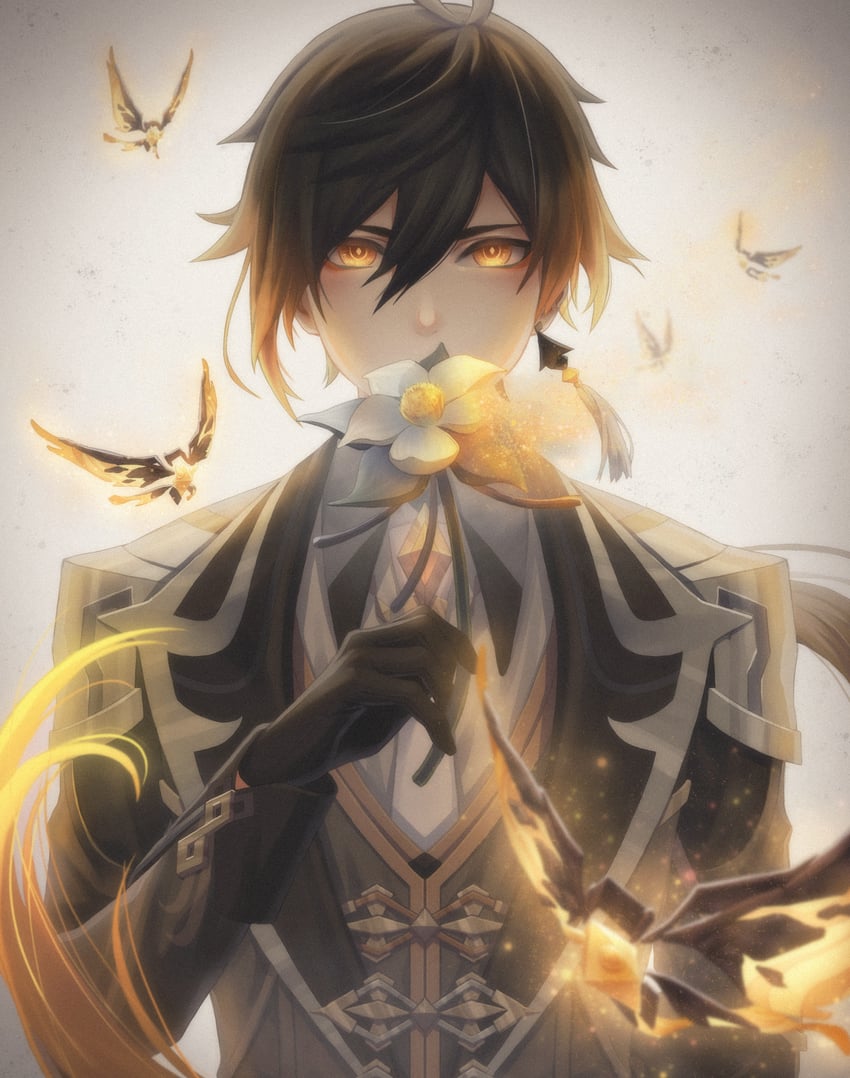 zhongli and crystalfly (genshin impact) drawn by oboro_shiji-ra