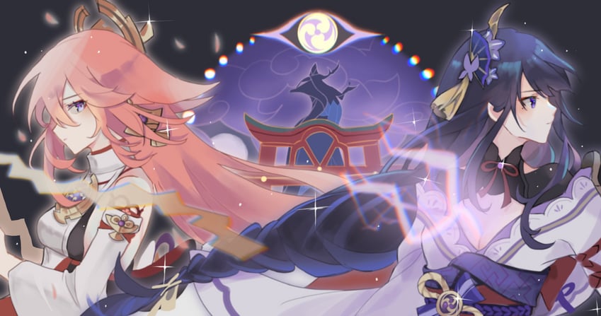 raiden shogun and yae miko (genshin impact) drawn by wangshengtangchanggeng