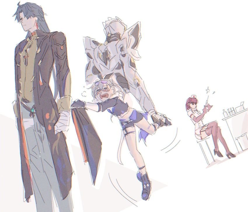 kafka, silver wolf, blade, and sam (honkai and 1 more) drawn by gnarlypzofbread