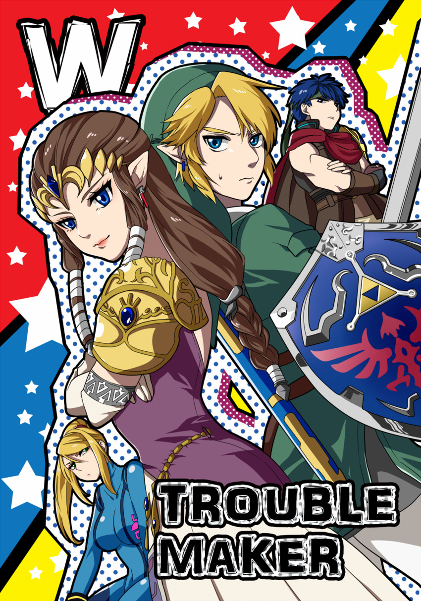 link, princess zelda, samus aran, and ike (fire emblem and 6 more) drawn by kudakeru