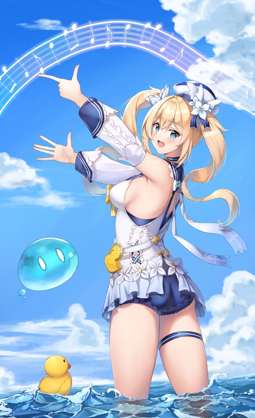 barbara, slime, and hydro slime (genshin impact) drawn by qoray7