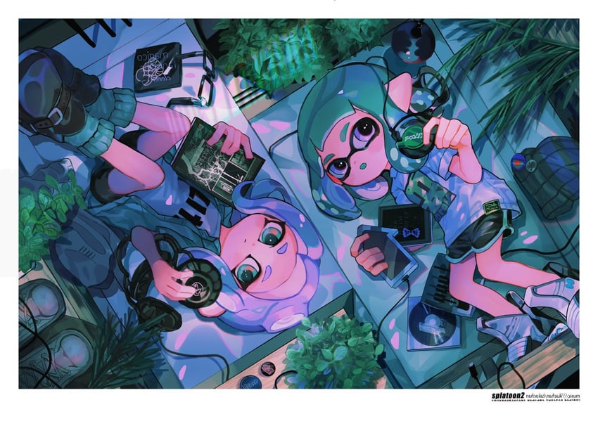 inkling player character, inkling girl, octoling player character, and octoling girl (splatoon and 1 more) drawn by yoshida_(ne)