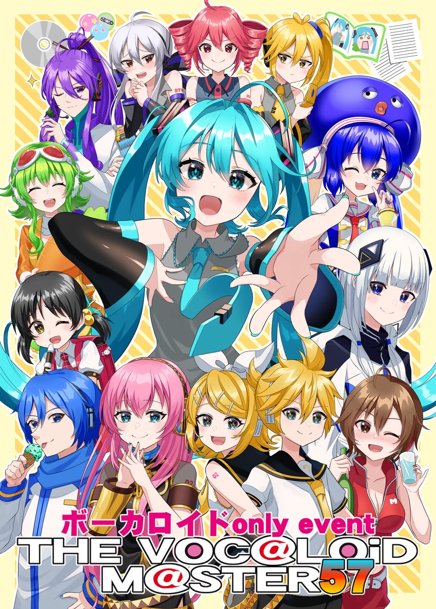 hatsune miku, kagamine rin, kagamine len, megurine luka, kasane teto, and 10 more (vocaloid and 3 more) drawn by tatyaoekaki