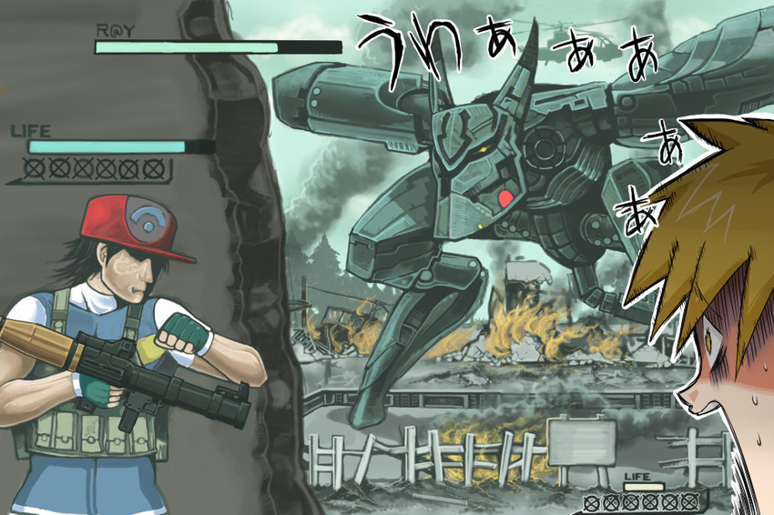 pikachu, ash ketchum, gary oak, and metal gear ray (pokemon and 3 more) drawn by xiv