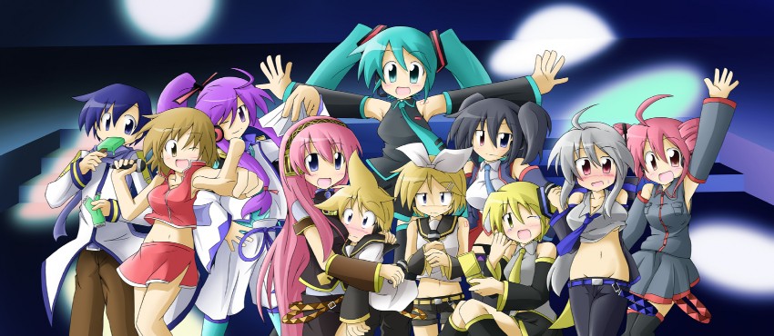 hatsune miku, kagamine rin, kagamine len, megurine luka, kasane teto, and 6 more (vocaloid and 1 more) drawn by pikopeko