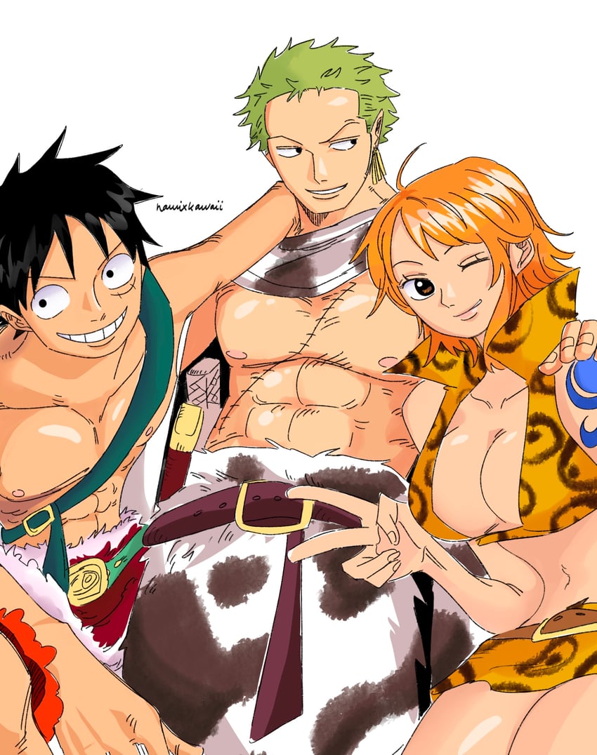 nami, monkey d. luffy, and roronoa zoro (one piece) drawn by namixkawaii