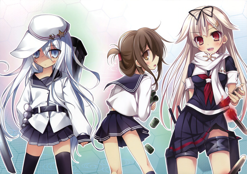 hibiki, inazuma, yuudachi, yuudachi kai ni, and verniy (kantai collection) drawn by karory