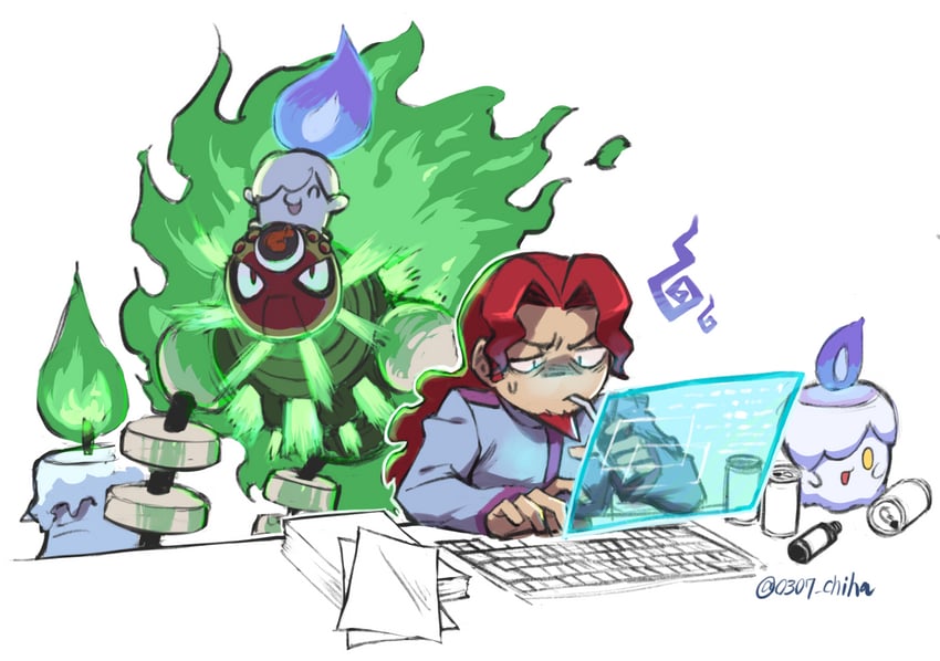 litwick, mr. match, and flameman.exe (pokemon and 3 more) drawn by chiha_bobobo