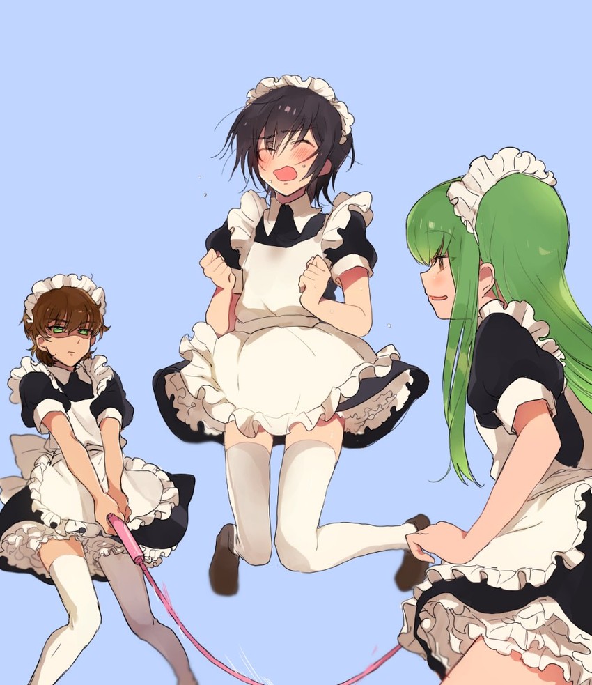 c.c., lelouch vi britannia, and kururugi suzaku (code geass) drawn by sumi_otto