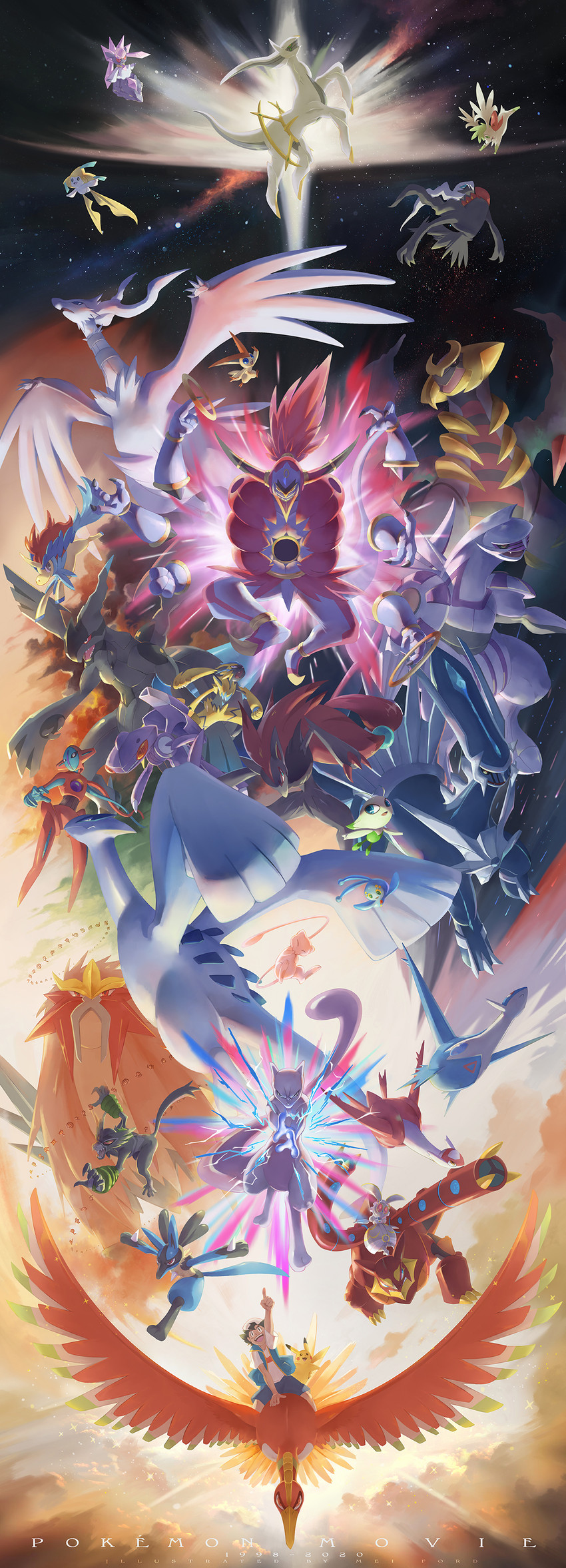 pikachu, ash ketchum, jirachi, mew, latias, and 25 more (pokemon and 1 more) drawn by mei_ford