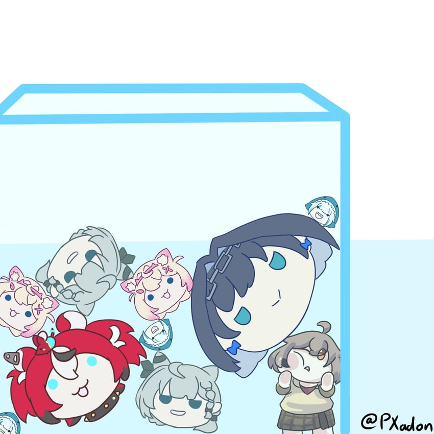 gawr gura, ouro kronii, nanashi mumei, hakos baelz, mococo abyssgard, and 2 more (hololive and 3 more) drawn by pyra_xadon