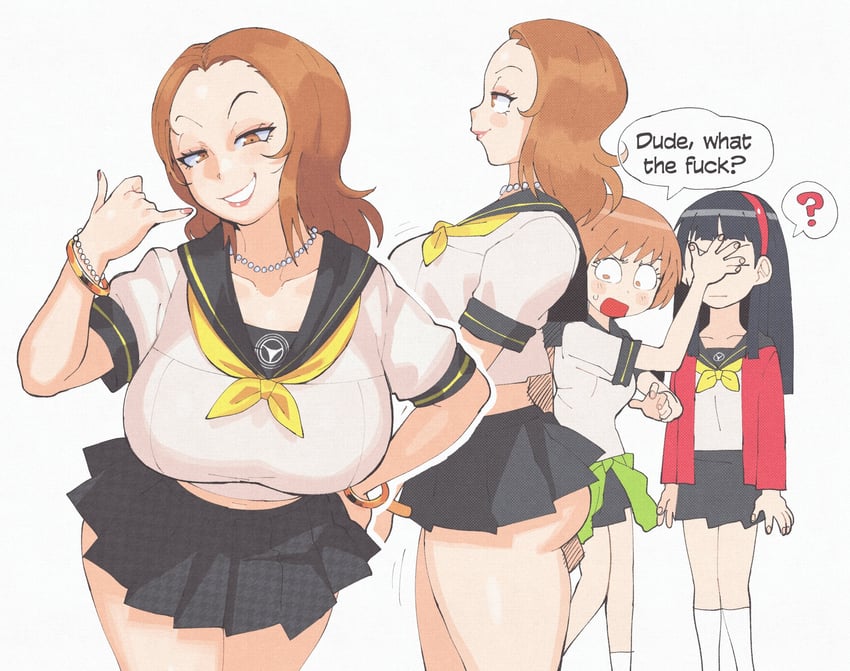 satonaka chie, amagi yukiko, and kashiwagi noriko (persona and 1 more) drawn by inkerton-kun