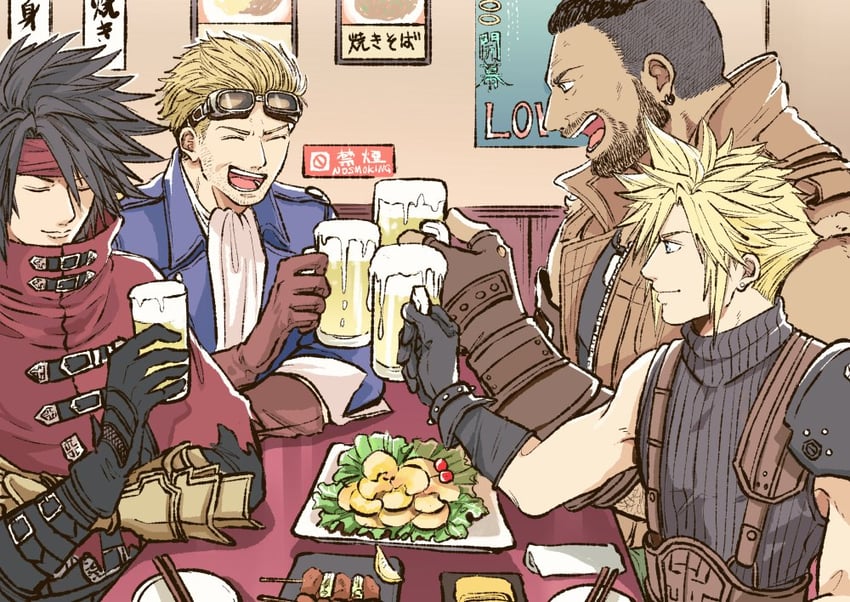 cloud strife, vincent valentine, barret wallace, and cid highwind (final fantasy and 3 more) drawn by nisankagames