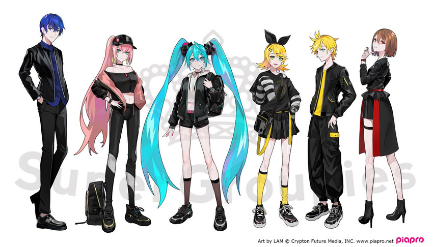 hatsune miku, kagamine rin, kagamine len, megurine luka, kaito, and 1 more (vocaloid and 1 more) drawn by lam_(ramdayo)