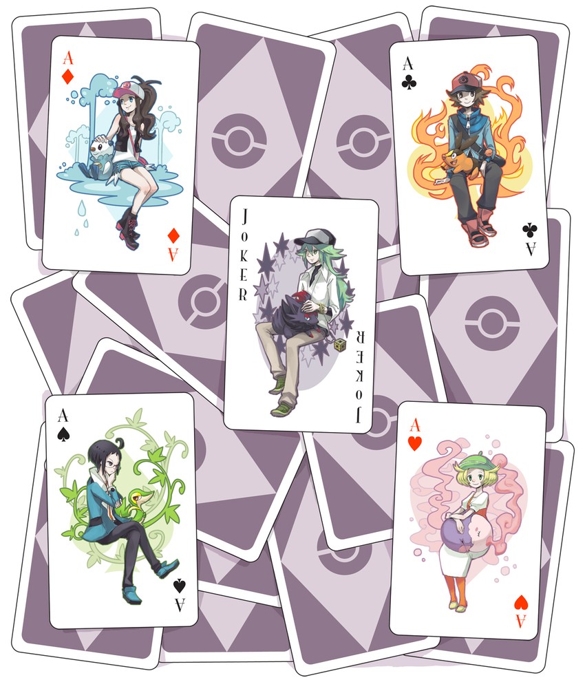 hilda, hilbert, n, oshawott, snivy, and 5 more (pokemon and 1 more) drawn by okabe