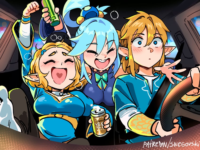link, princess zelda, and aqua (the legend of zelda and 2 more) drawn by snegovski