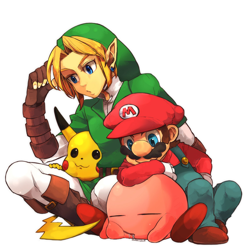 link, pikachu, kirby, and mario (pokemon and 4 more) drawn by yoshio_(440)
